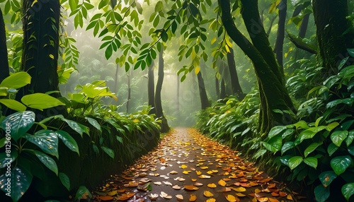Forest path covered in wet leaves, with raindrops dripping from the trees. Lush greenery and a soft mist in the air.