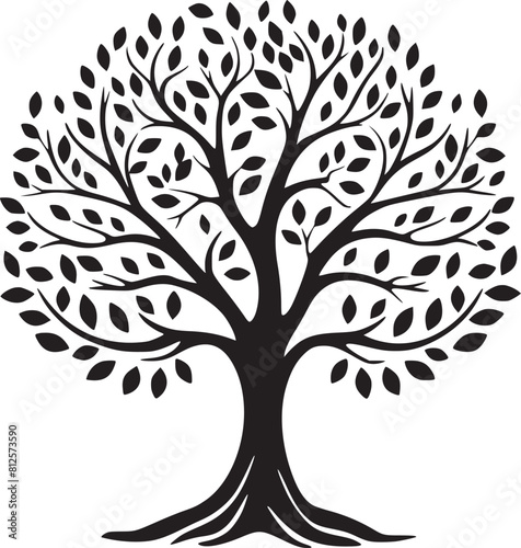 line art nature logo vector design oak tree inside circle, abstract tree logo symbol inside circle 