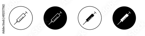 Syringe icon set. flu shot injector vector symbol. immunization vaccine injection sign. medical needle icon. insulin injection pictogram in black filled and outlined style.