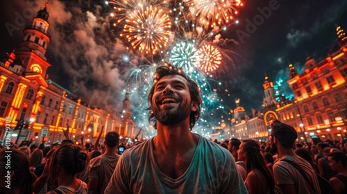 A smiling man surrounded by a crowd, watching fireworks light up the sky above a city.
