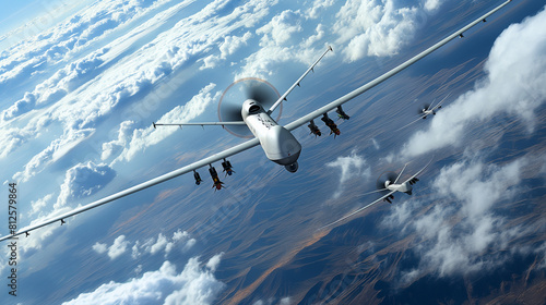 A network of unmanned aerial vehicles (UAVs) patrols the skies, serving as eyes in the sky for a modern air defense system, their advanced sensors and surveillance capabilities pro