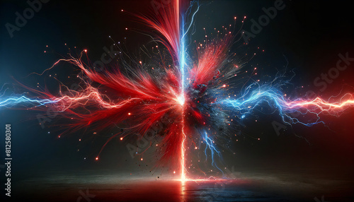 赤と青の雷. バーサス背景. Red and blue lightning. Versus background. AI generated.