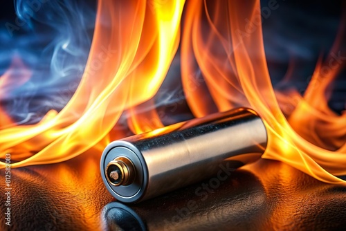 Burning rechargeable battery on fire. Explosive danger concept