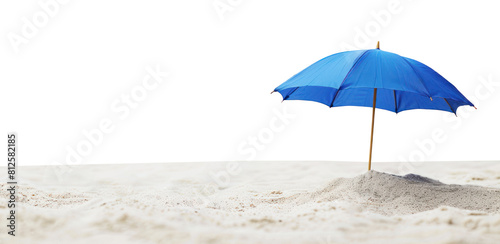 A blue parasol is stuck in the sand on the beach, transparent background and horizon