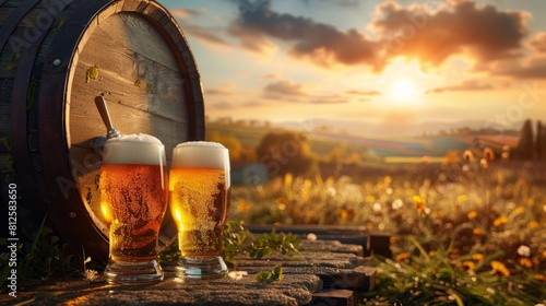 Beer keg with glasses of beer on rural countryside background. copy space