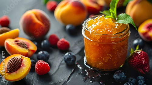 Apricot jam and a bunch of fresh apricots on wooden table. fresh healthy food,Apricot jam in jar and fresh fruits with leaves,Jar with tasty apricot jam on table