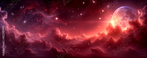 A red sky with a large moon and many stars