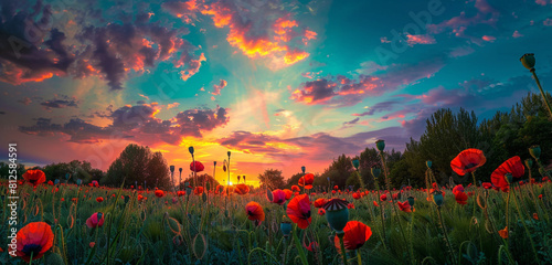 Poppy field at sunset, sky painted in Memorial Day colors of remembrance.