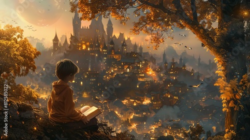 Sketch a scene of a young reader lost in the pages of a beloved book, transported to faraway lands and magical adventures with every turn of the page