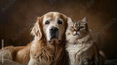 A golden retriever and a white and gray cat pose together for a portrait in a studio as they await adoption