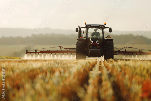 A modern tractor efficiently spraying crops across a vast agricultural field under the clear sky.