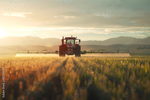 A modern tractor efficiently spraying crops across a vast agricultural field under the clear sky.