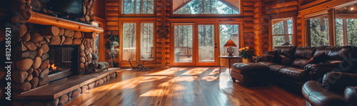 A warm and inviting cabin-style interior with natural elements such as wood and stone