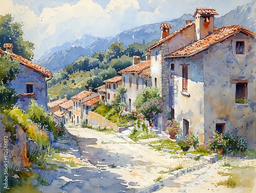 Watercolor painting of a rural village painted in pastel colors