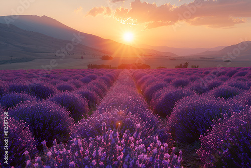 The image is a beautiful landscape of a lavender, Image description A beautiful landscape image of a lavender field at sunset 