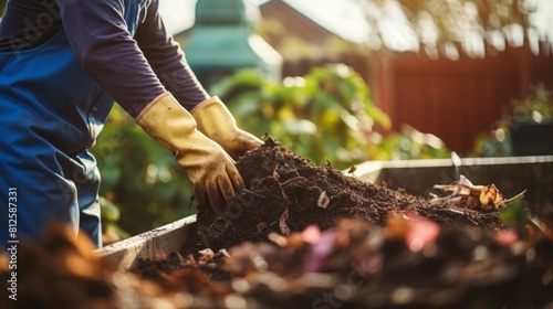 Person composting food waste in backyard compost bin garden 