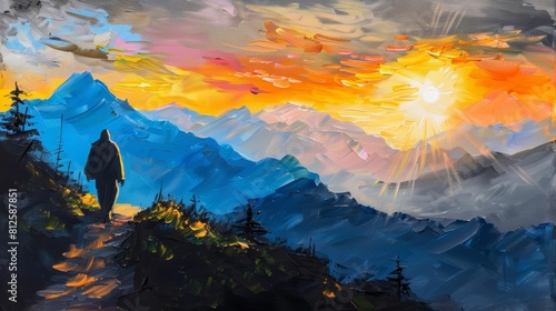 Jesus walking towards imposing mountain range, rugged terrain, silhouette against setting sun, conveying challenge and overcoming obstacles, oil painting
