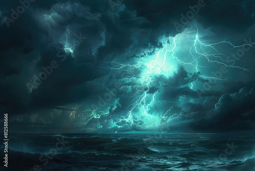 A storm approaching over the ocean with a boat in the foreground. Suitable for weather or maritime concepts