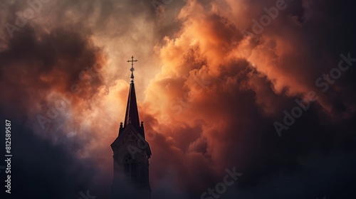 Copy space featuring a church spire against a dramatic sky, symbolizing faith