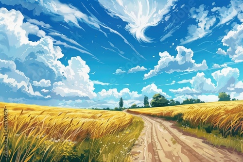 A peaceful painting of a dirt road in a wheat field, perfect for rural and agricultural themes