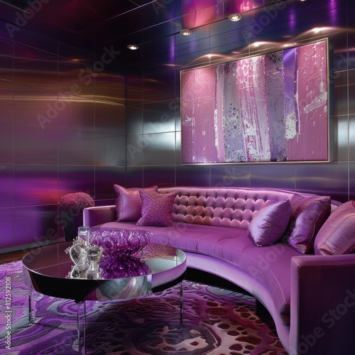 Sophisticated and Chic Lounge Room with Vibrant Stainless Steel Decor and Abstract Artwork