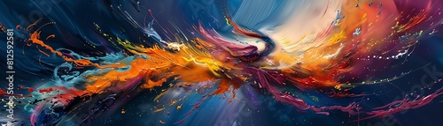 Capture the majestic flight of mythical creatures in an abstract portrayal with vibrant colors and flowing shapes resembling a birds-eye view Embrace the essence of ancient legends