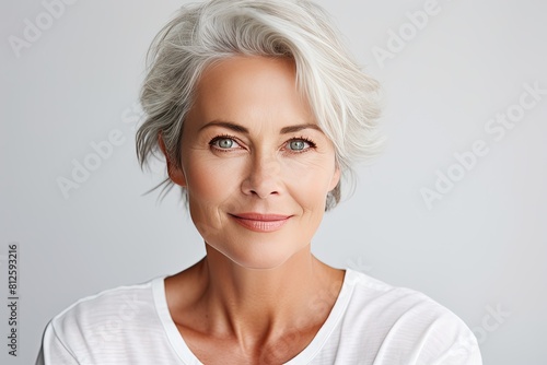 Beautiful gorgeous 50s mid aged mature woman looking at camera isolated on white.