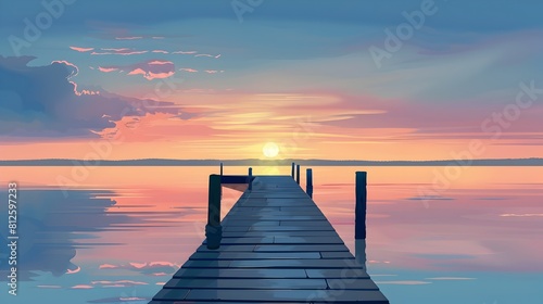 Breathtaking Sunset Reflection on Tranquil Lake with Wooden Dock