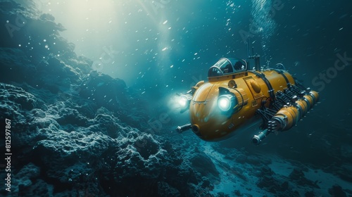 Submerged in the ocean's depths, a robotic submersible embarks on an awe-inspiring journey, its sleek form navigating through the vast expanse of underwater wonders with grace and precision.