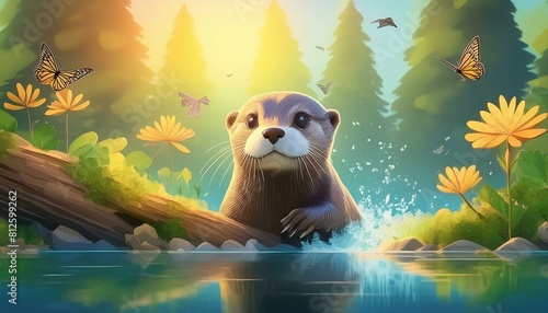 Baby otter having fun in the water