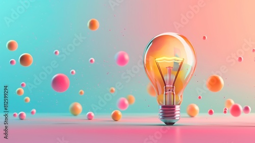 Abstract bulb and vibrant 3D objects on pastel backdrop denote creativity.