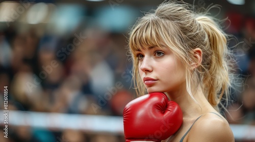 A young female boxer wearing boxing gloves is looking away while standing in the ring with bright colors.