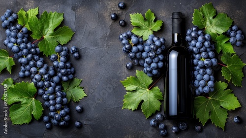 Red wine bottle with white label mockup with a bunch of Primitivo grapes, green fall grape leaves. Concept of wine flat lay background.