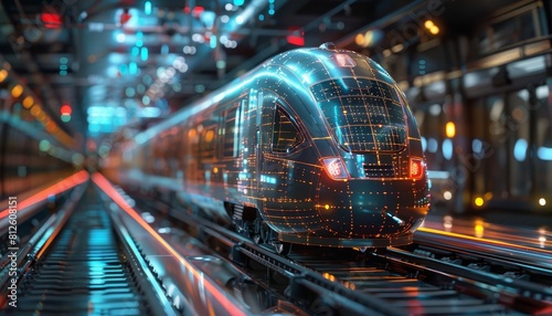 Visualize a digital twin of a complex railway system, displaying dynamic train movements and infrastructure health