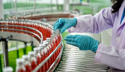 Pharmacist scientist with sanitary gloves examining medical vials on production line conveyor belt in pharmaceutical healthcare factory manufacturing prescription drugs medication mass production