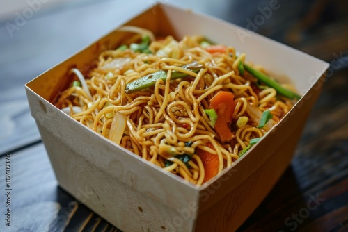 Close-up of vegetable chow mein in a biodegradable takeout box