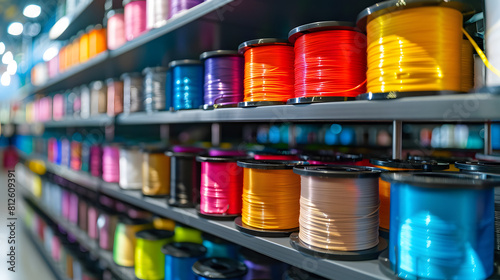 Multicolored filaments of plastic for printing on 3D printer close-up. Spools of 3D printing motley different colors thermoplastic filament. Motley ABS wire plastic for 3d printer. Additive technology