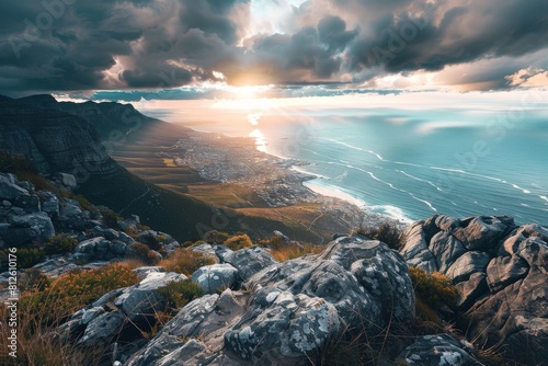 Coast and city view from the top of a mountain - Table Mountain, Cape Town, South Africa. Beautiful simple AI generated image in 4K, unique.