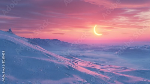  A stunning snowy mountain landscape at sunset, featuring a half moon and a person snowboarding in the foreground