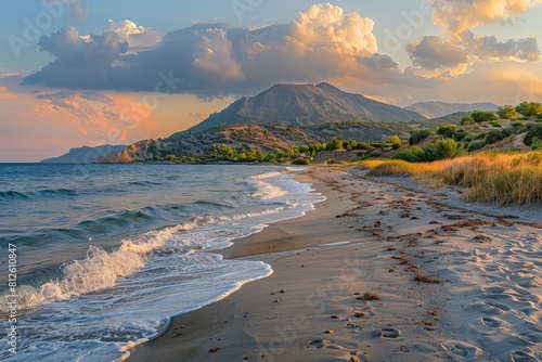 Beautiful summer sunset on Mirtos beach in Greece - panorama. Beautiful simple AI generated image in 4K, unique.