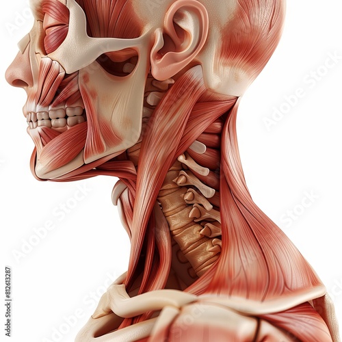 Side view of human head and neck muscles, detailed