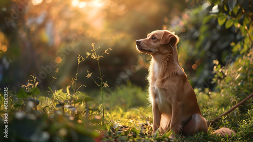 A brown dog sits in the grass, looking up at the sky.