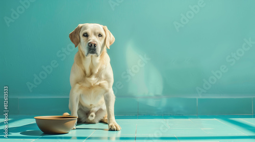 A brown Labrador Retriever sits on the floor next to a metal bow