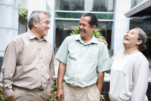 Group of happy smiling old senior friends talking, having a good time together, concept of old friends reuniting with long-lasting friendship