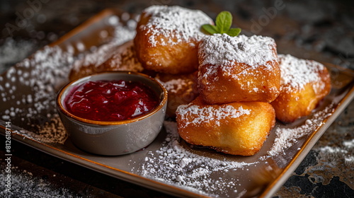 Fluffy beignets dusted with powdered sugar and served with raspberry jam for dipping.
