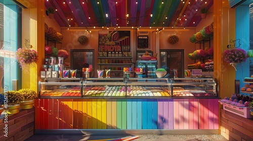 26 A whimsical setup of a gelato shop offering rainbowflavored scoops, with a clear view of the bustling street during Pride