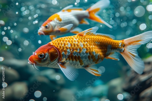 A single goldfish with its face obscured swims amidst bubbles and a blurred aquatic background