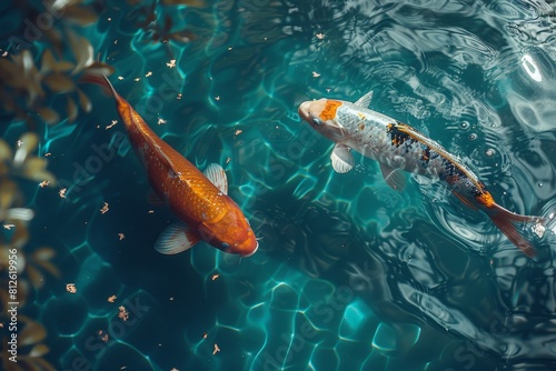 Two goldfish, one with white patterns, move through crystal pool water with light reflections