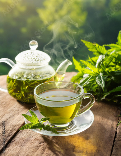 Cup with teapot of verbena tea. 