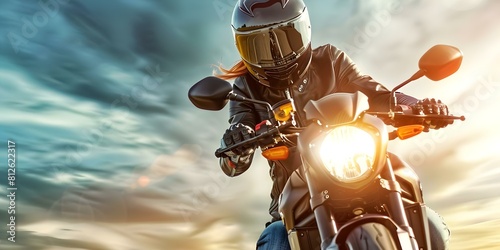 Bold woman conquers the road on her motorcycle protected and stylish. Concept Motorcycle riding, Independent woman, Bold fashion, Adventure lifestyle, Stylish protective gear
